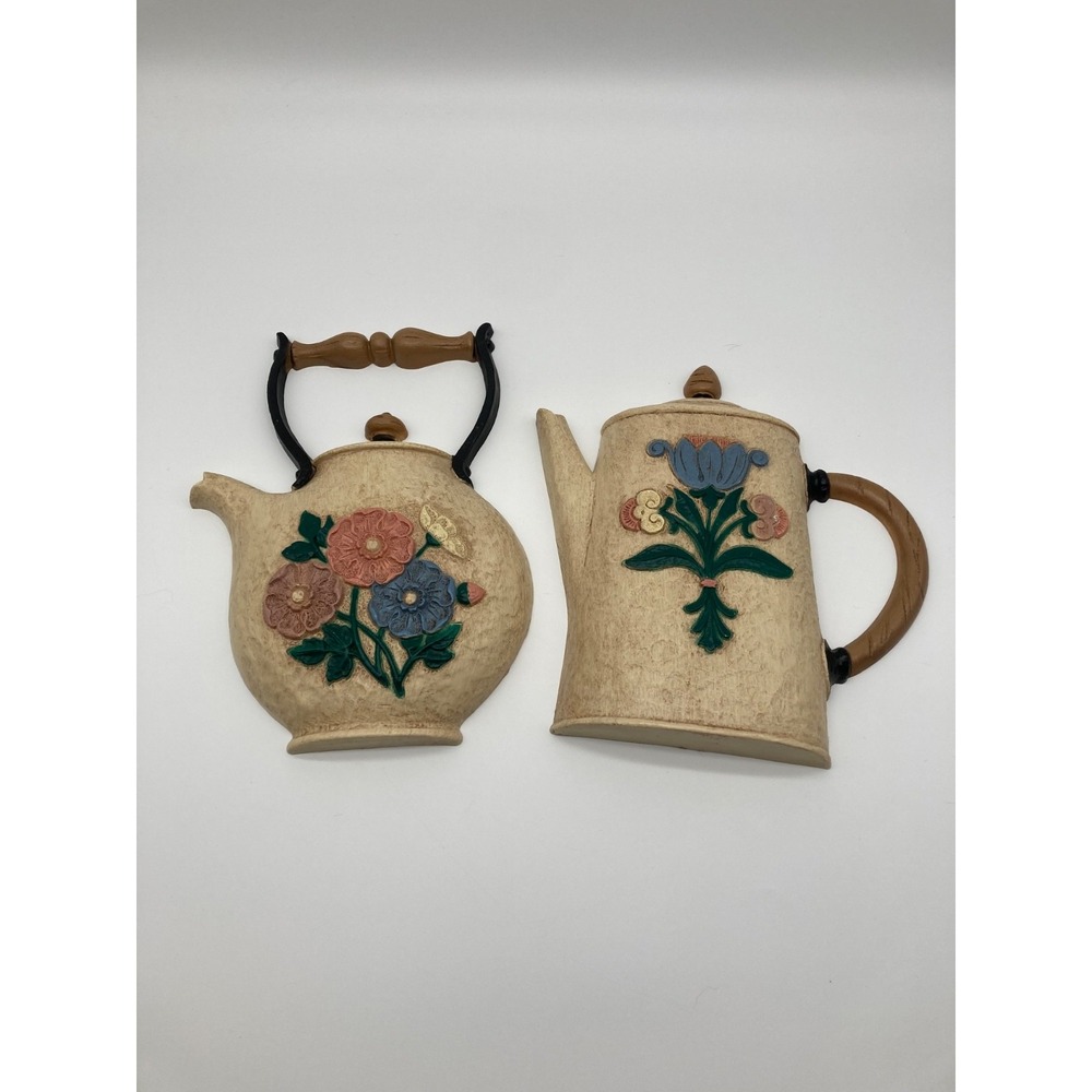 Home Interiors Teapot Wall Plaques Set Resin Floral Tea Kettle Decor 1995